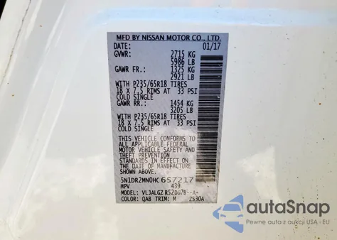 2017 Nissan Pathfinder S z USA, uszkodzony, nr VIN 5N1DR2MN0HC657217
